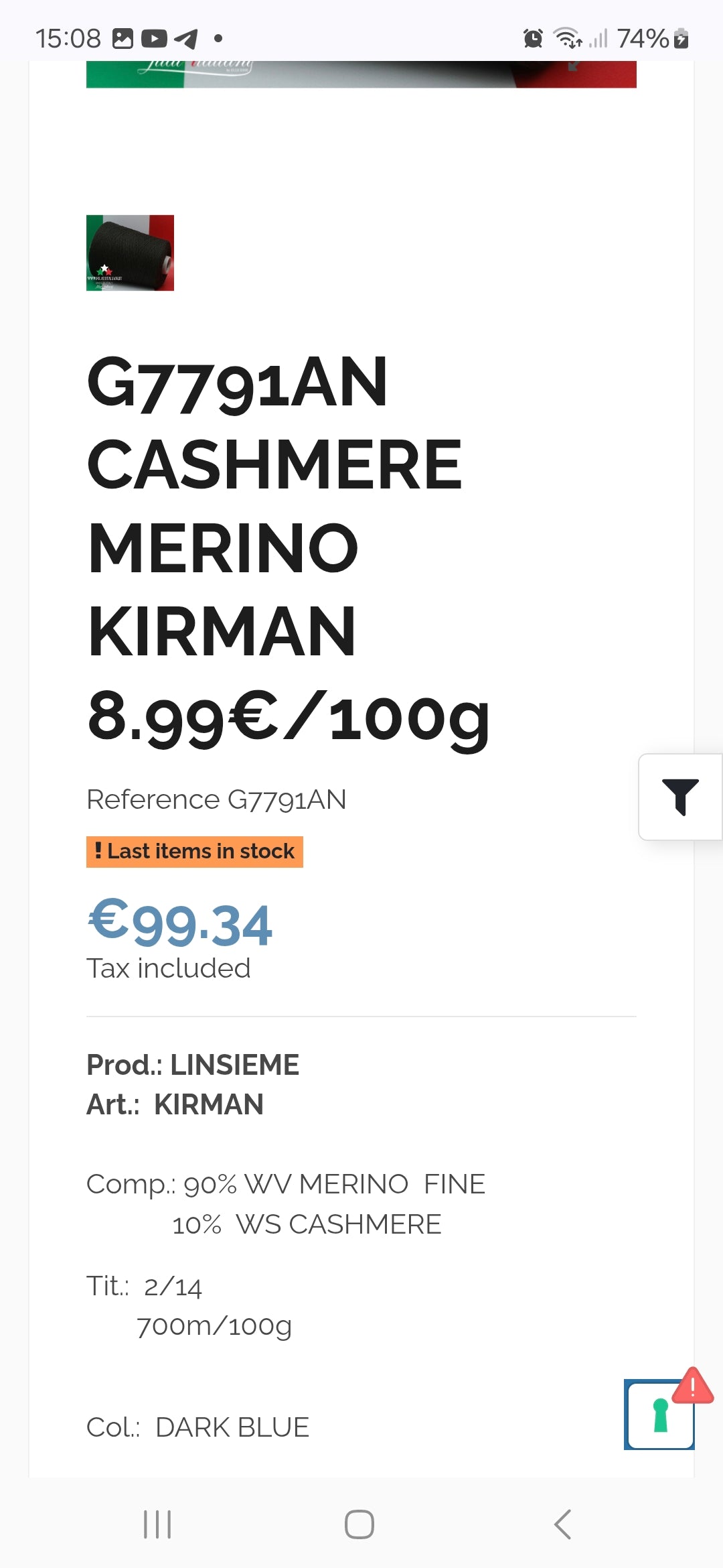 Cashmere Merino Wool Fine Italian Yarn Color Black N.924