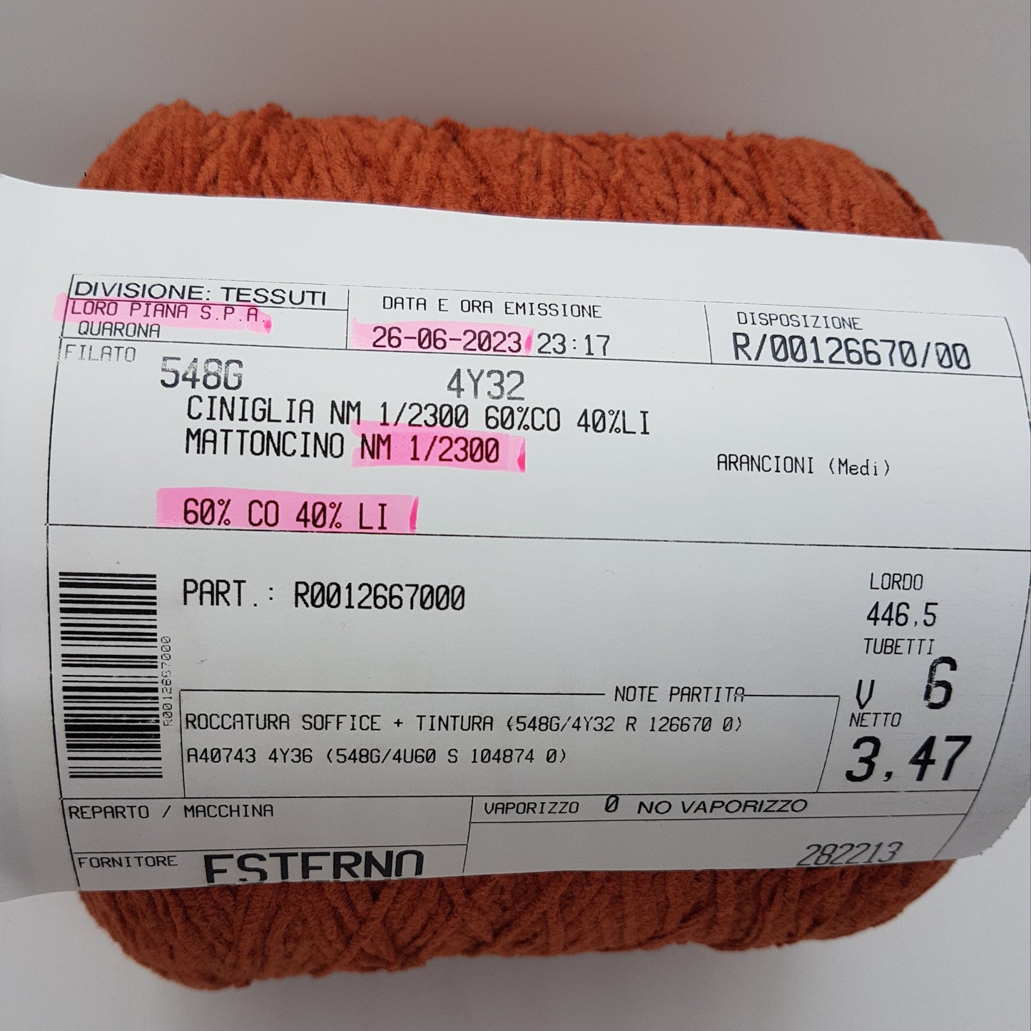 LORO PIANA Cotone Lino Ciniglia Filato Italiano colore Marrone Cannella N. P63