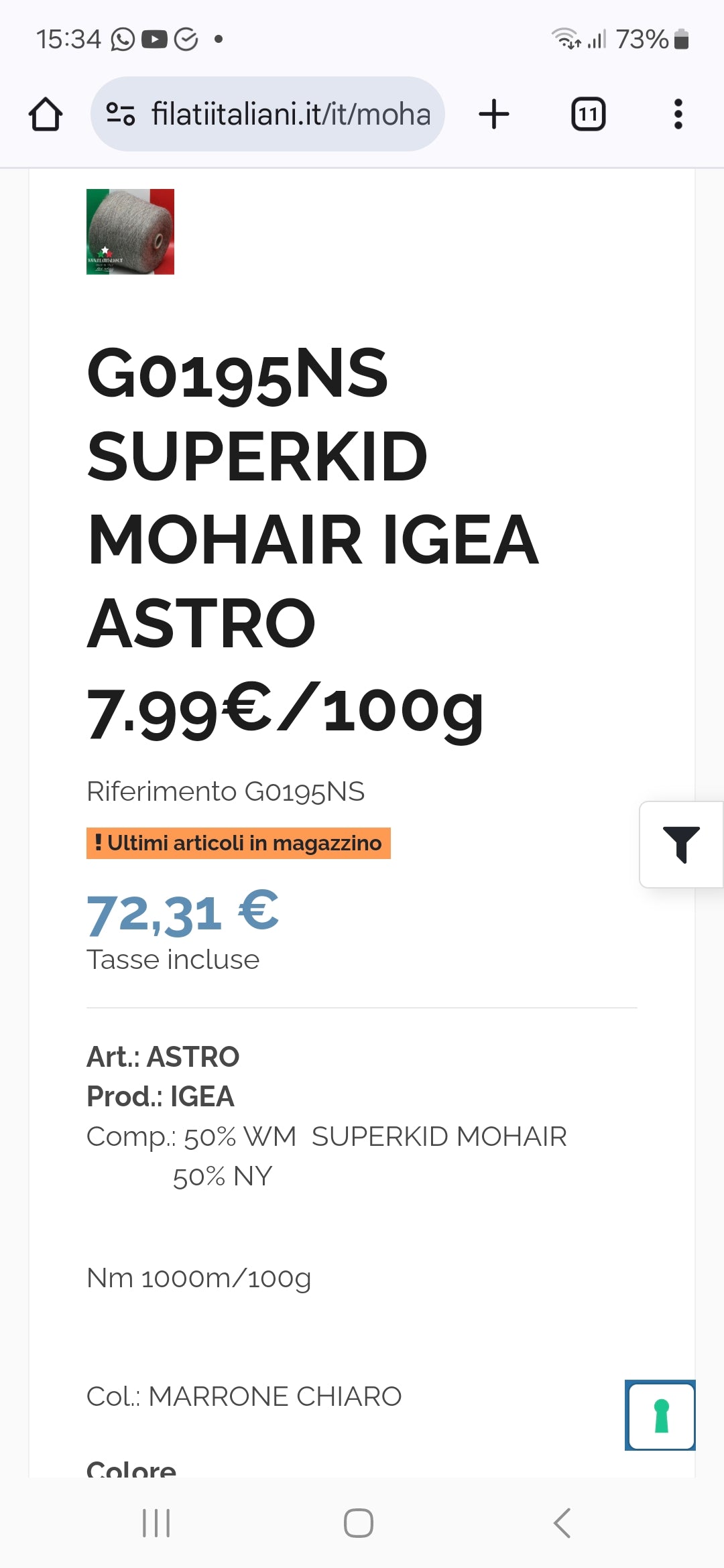 100g de fil italien doux SuperKid Mohair en gris Mélange N. 608