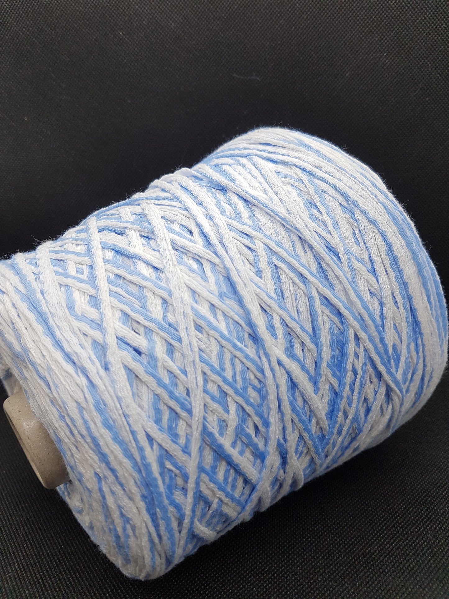 580g Soft Cotton Italian Tape Bulky Knitting Yarn color White&Light Blue in cone N.29